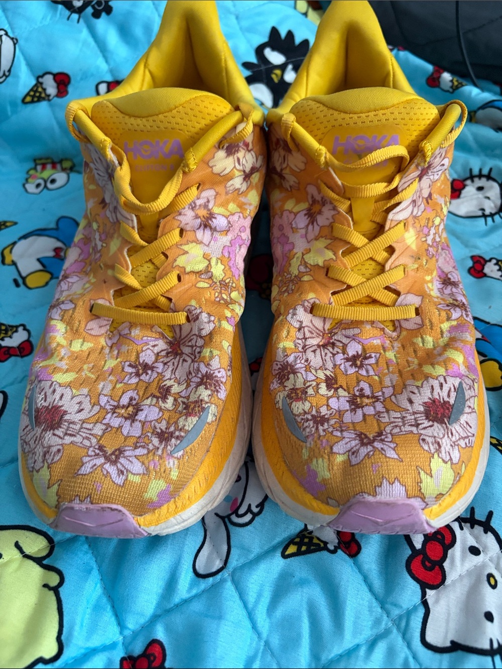 Hoka Yellow Floral Athletic Shoes with Pink Accents